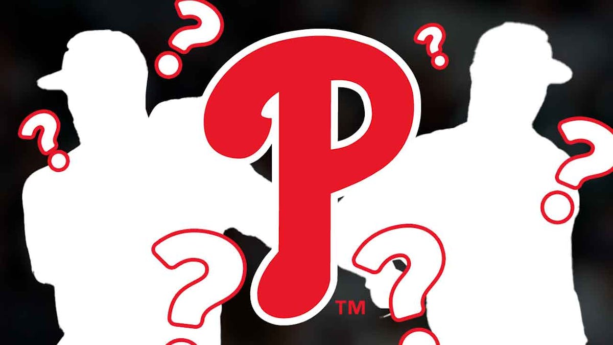 Phillies logo with question marks everywhere. Place the silhouette of Garret Crochet and Jack Flaherty both pitching baseballs.