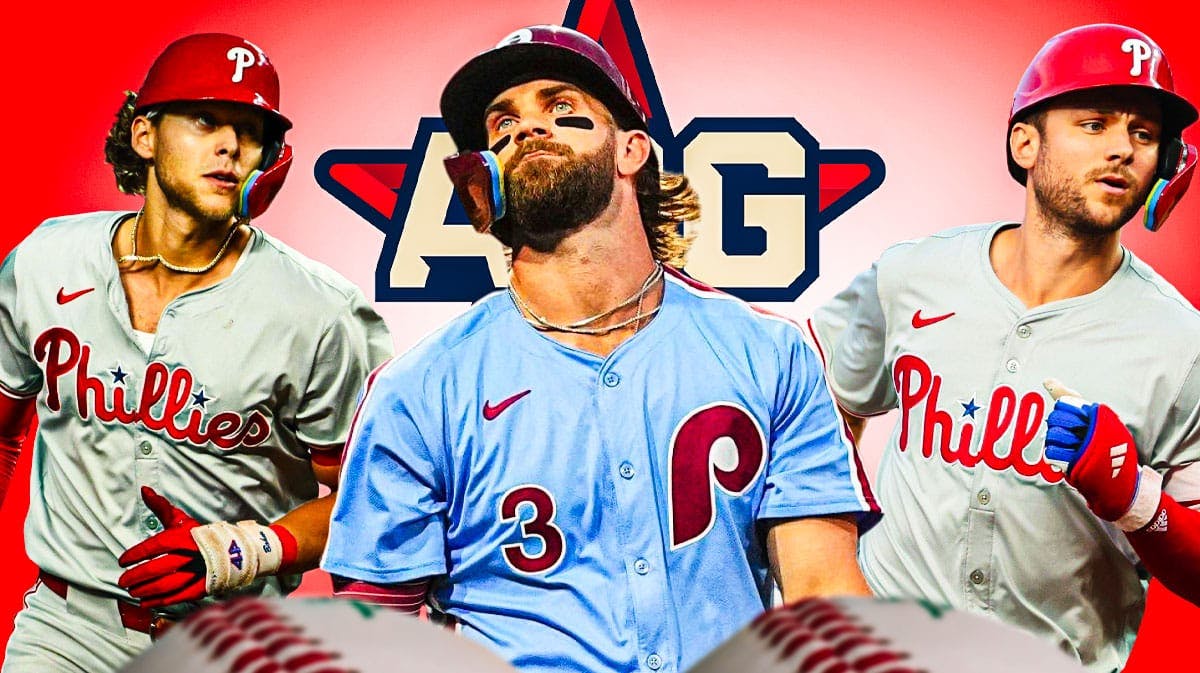 Alec Bohm, Trea Turner, Bryce Harper. 2024 MLB All Star Game logo in the background