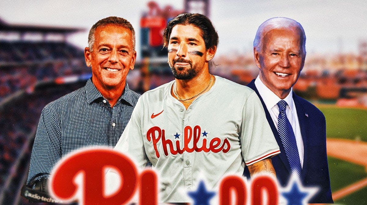 Philadelphia Phillies star Nick Castellanos in the middle of President Joe Biden and commentator Thom Brennaman in front of Citizens Bank Part.