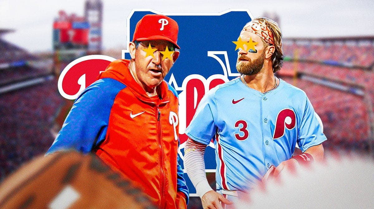 Phillies Rob Thomson and Bryce Harper with stars in their eyes. Include a Phillies logo in the image. Background is Citizen's Bank Park.