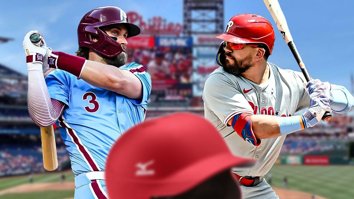 Bryce Harper and Kyle Schwarber in Philadelphia Phillies uniforms swinging bats as they prepare to return from injury
