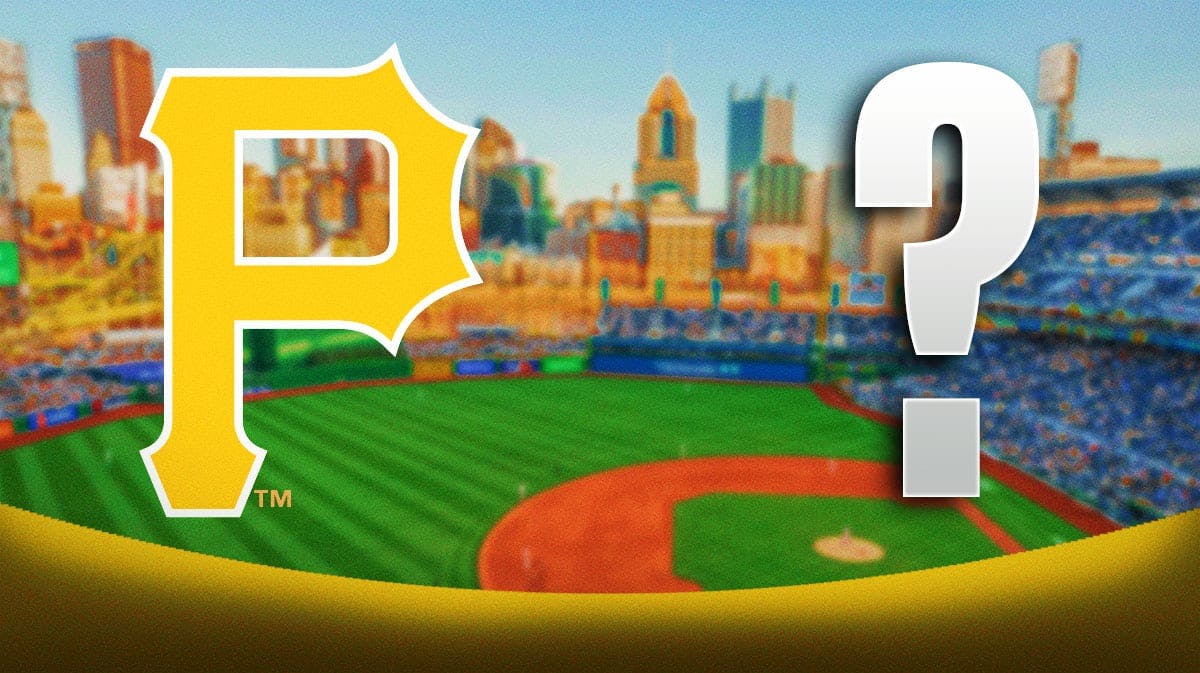 Pittsburgh Pirates 2024 logo on left. Question mark on right. Pittsburgh Pirates stadium in background.