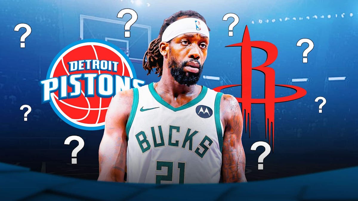Patrick Beverley surrounded by question marks with a Pistons and Rockets logos