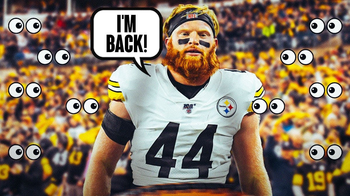 Tyler Matakevich on one side in a Pittsburgh Steelers uniform with a speech bubble that says "I'm back!", a bunch of Pittsburgh Steelers fans on the other side with the big eyes emoji around them