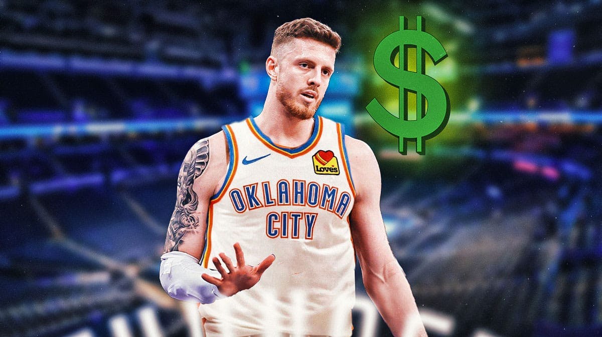 New OKC Thunder center Isaiah Hartenstein with dollar sign next to him, Paycom Center in back