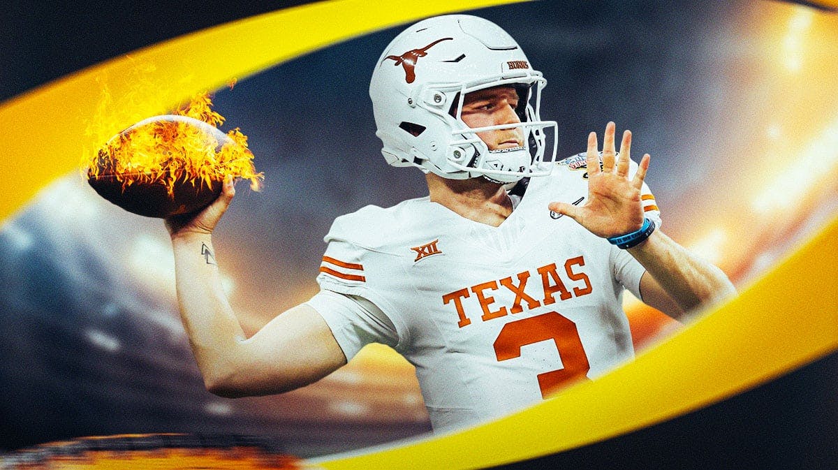 Texas football Quinn Ewers throwing a football with fire coming off the ball.