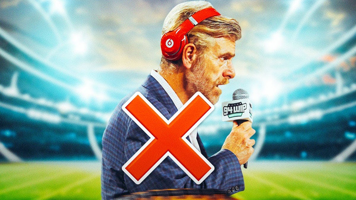 Philadelphia Phillies radio host Howard Eskin with a microphone and headphones and a big red X over him because he got suspended for the season for inappropriate behavior