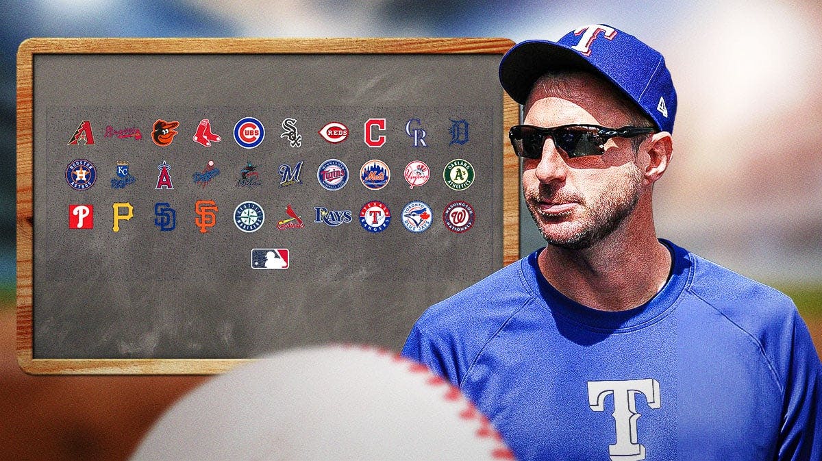 Rangers Max Scherzer next to a chalkboard with a bunch of MLB logos