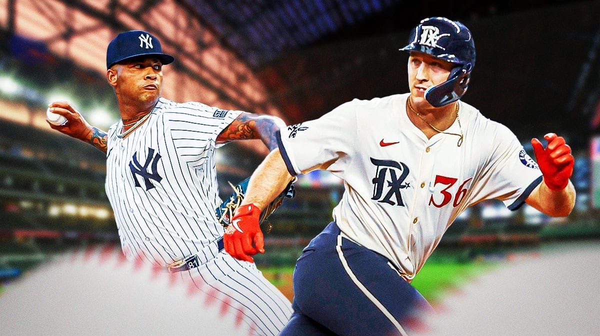 Wyatt Langford (Rangers) running the bases and Luis Gil (Yankees) pitching