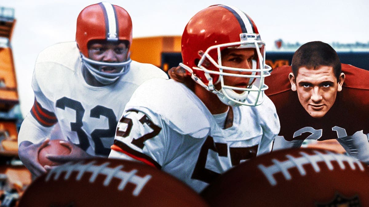 Clay Matthews Sr. in the middle, Jim Brown on one side, Dick Schafrath on the other side (all in Cleveland Browns uniforms)