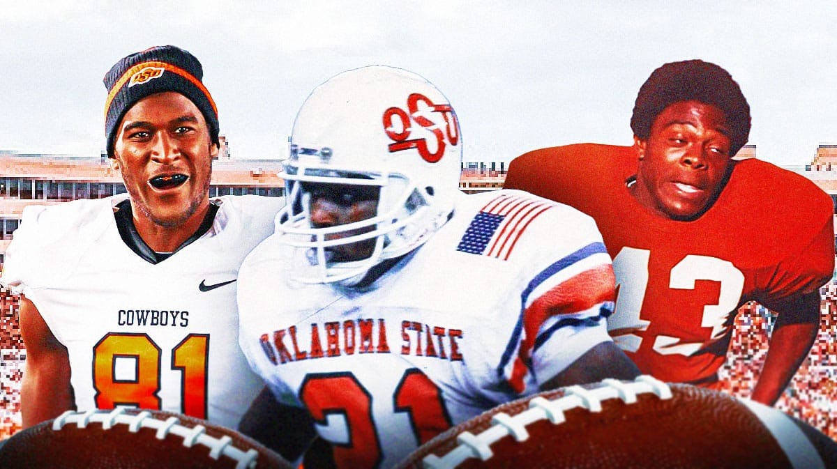 Oklahoma State football, Cowboys, Barry Sanders, Dez Bryant, Justin Blackmon, Barry Sanders, Justin Blackmon and Terry Miller all in Oklahoma State football unis with Oklahoma State football stadium in the background