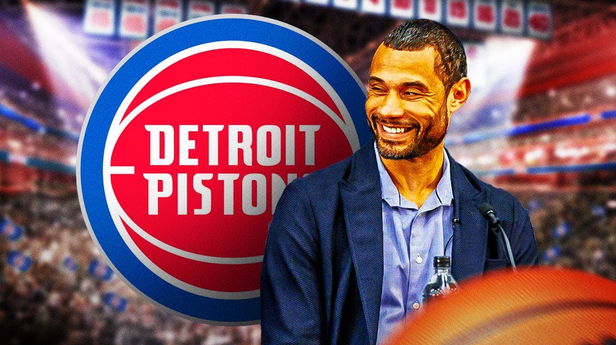 Pistons Trajan Langdon (current day) smiling, next to a Pistons logo.