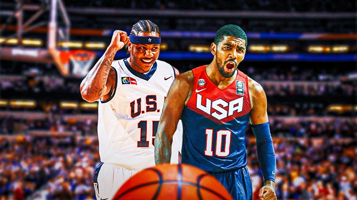 Carmelo Anthony and Kyrie Irving celebrating in Team USA jerseys.