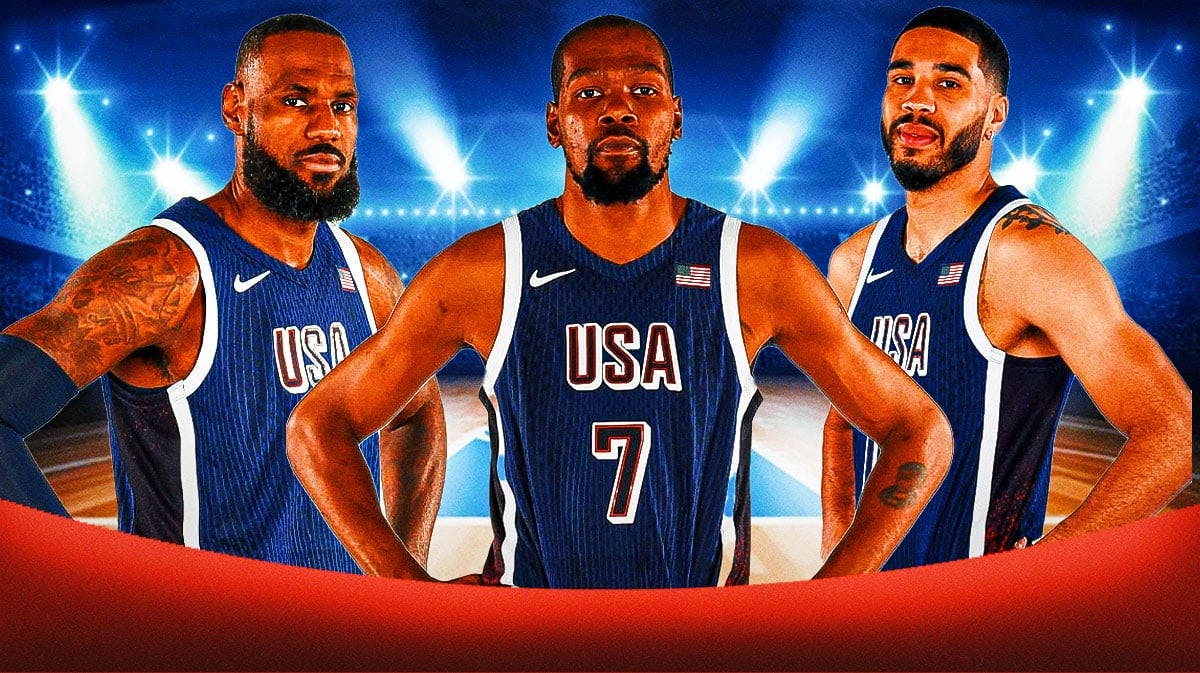 LeBron James, Kevin Durant and Jayson Tatum playing for Team USA.