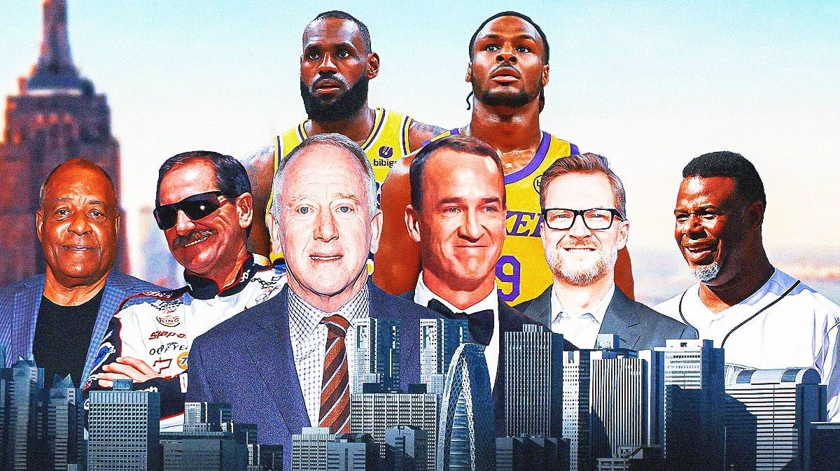 Going from the middle of the graphic to the outside of the graphic in order is Archie Manning, Dale Earnhardt, Ken Griffey Sr.. Going from the middle of the graphic to the outside in the other direction is Peyton Manning, Dale Earnhardt Jr., Ken Griffey Jr. - And then have LeBron James and Bronny James king of in the background/behind them.