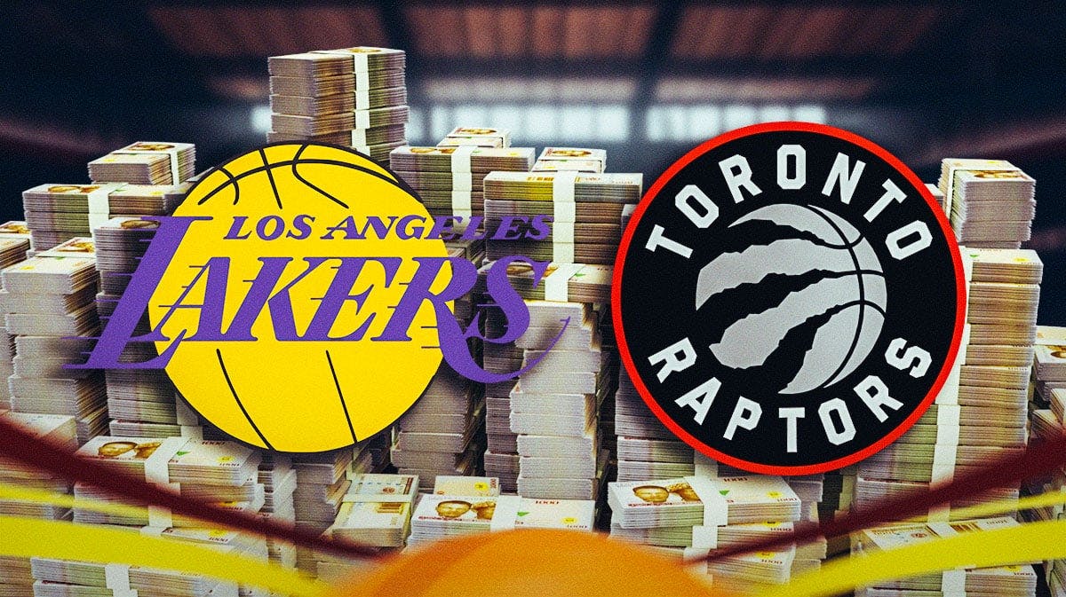 Los Angeles Lakers and Toronto Raptors logos in front of money