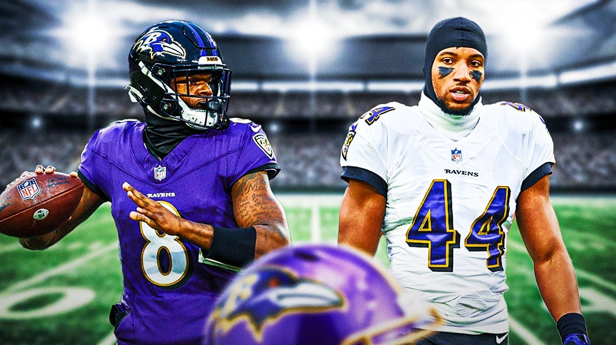 Lamar Jackson in Ravens jersey throwing a football to Marlon Humphrey in a different color Ravens jersey with a football field background.