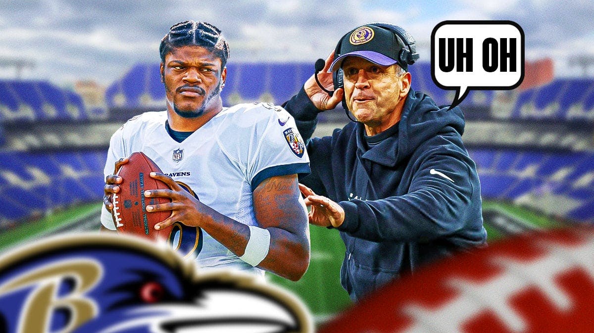 Lamar Jackson on one side, John Harbaugh on the other side with a speech bubble that says "Uh oh"