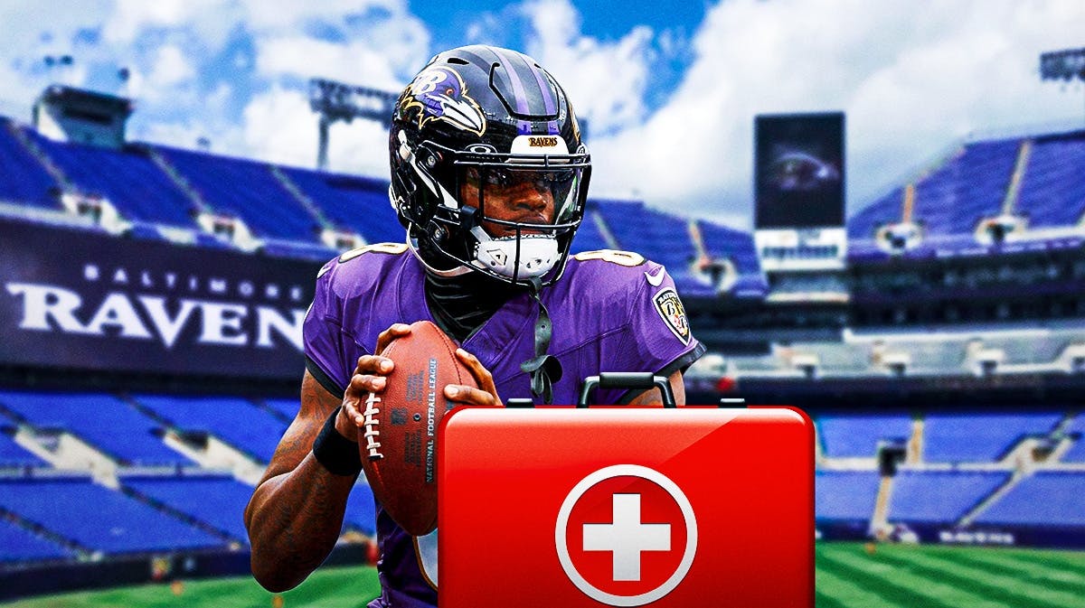 Ravens quarterback Lamar Jackson with medical bag on him.