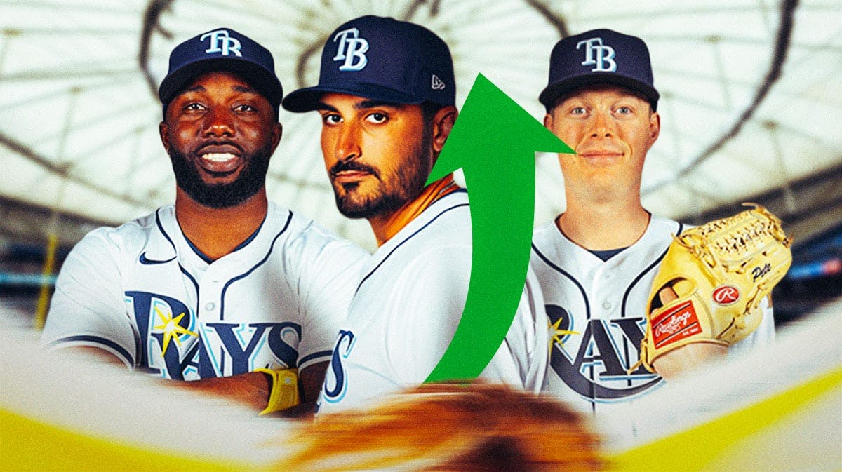 Randy Arozarena, Zach Eflin and Pete Fairbanks in Tampa Bay Rays uniforms with a green stock market arrow going across the image steadily rising up to indicate that the players' demand is increasing as we approach the trade deadline
