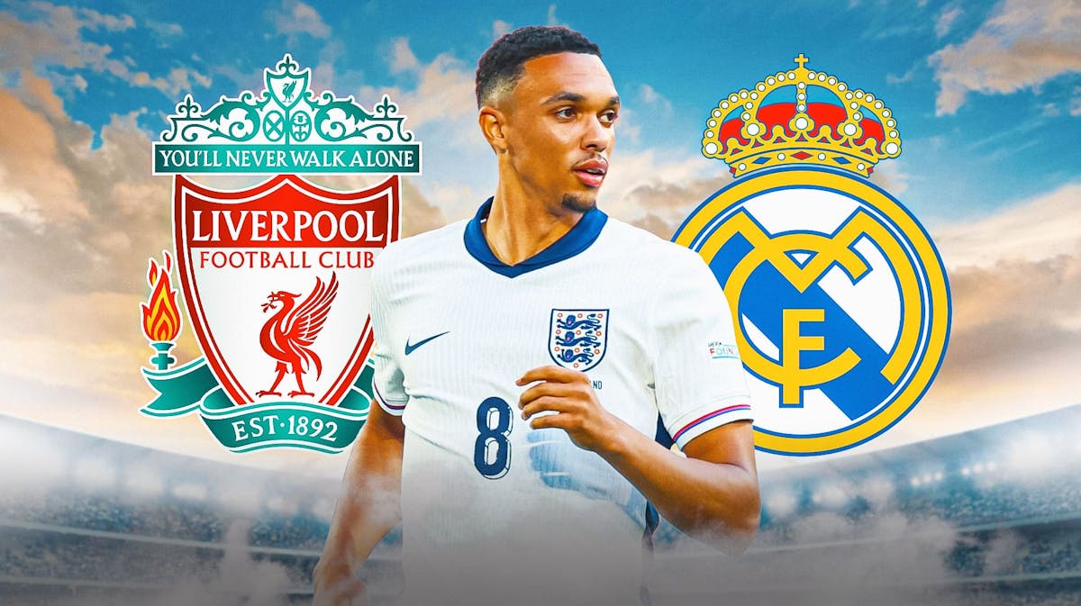 The silhouette of Trent Alexander-Arnold in front of the Liverpool and Real Madrid logos
