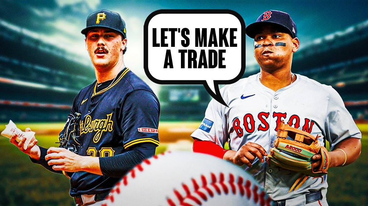 Red Sox Rafael Devers, Pirates Paul Skenes in image. Have Devers saying the following: Let's make a trade