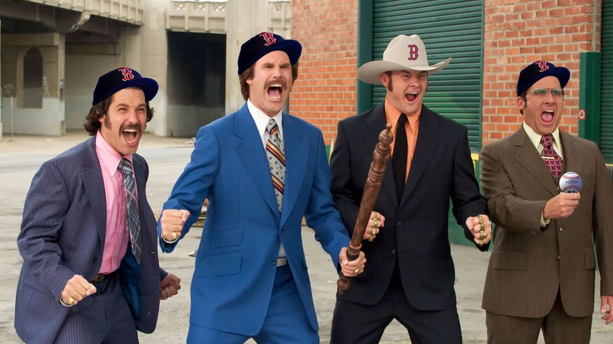 Anchorman characters with Red Sox caps