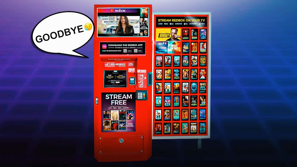 Redbox kiosk with speech bubble that says Goodbye and a crying emoji