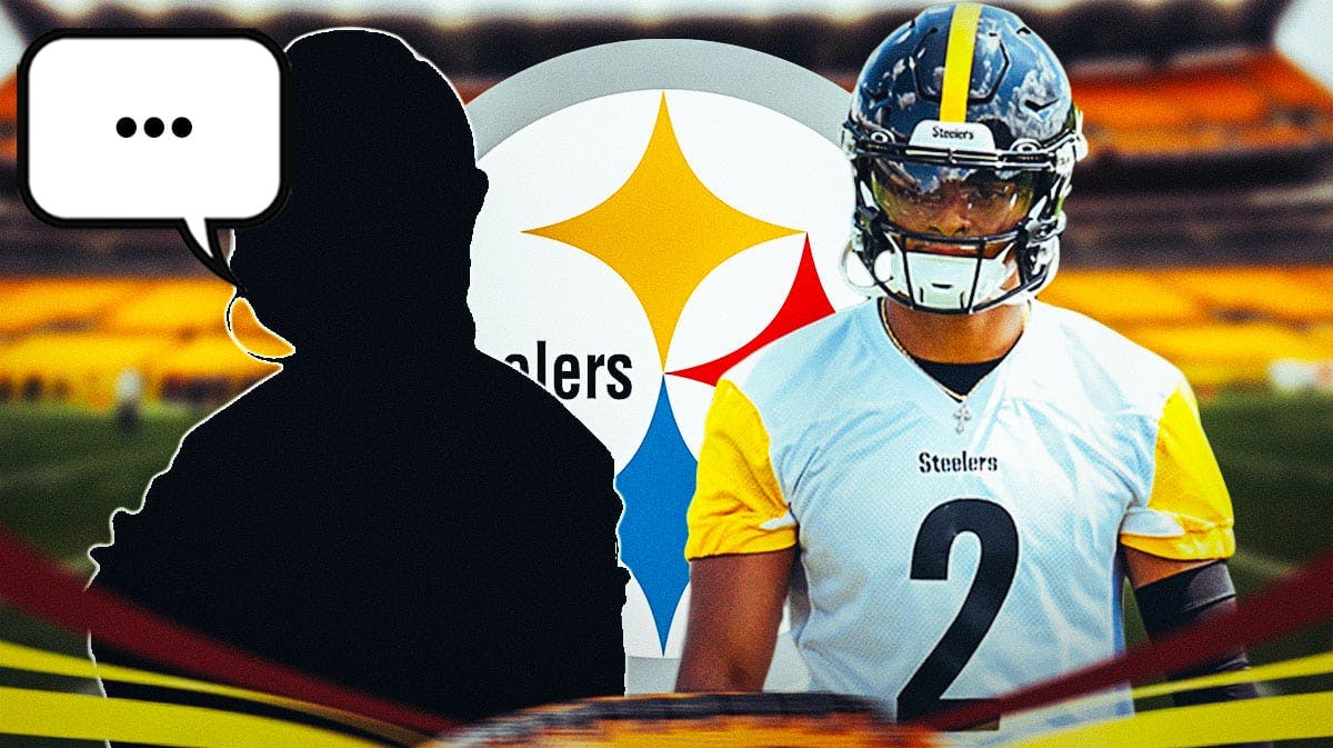 Pittsburgh Steelers QB Justin Fields next to the silhouette of a man with a speech bubble that has the three dots emoji inside. There is also a logo for the Pittsburgh Steelers.