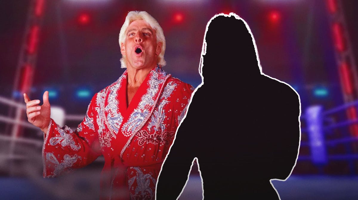 Ric Flair next to the blacked-out silhouette of Booker T inside a wrestling ring.