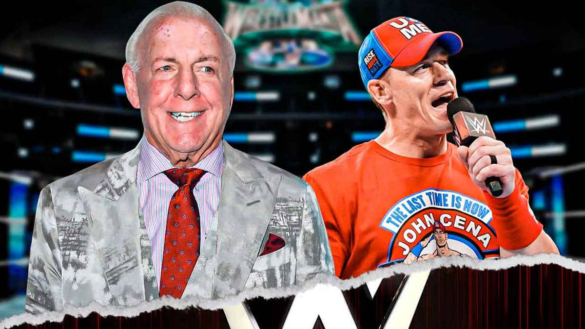 Ric Flair next to John Cena in a WWE ring.