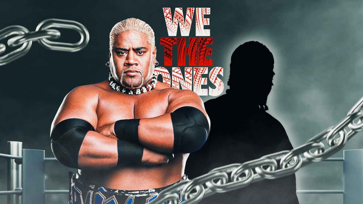 Rikishi next to the blacked-out silhouette of Rikishi in front of the WWE The Bloodline logo.