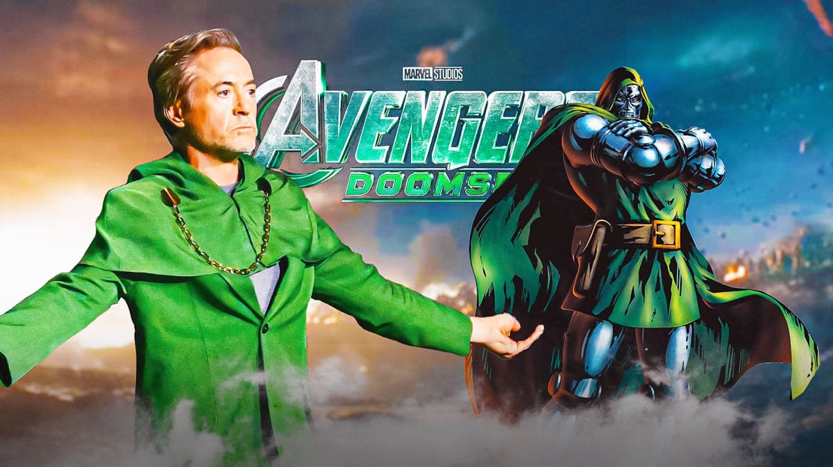 Robert Downey Jr. next to Dr. Doom with the Avengers Doomsday logo as the background.