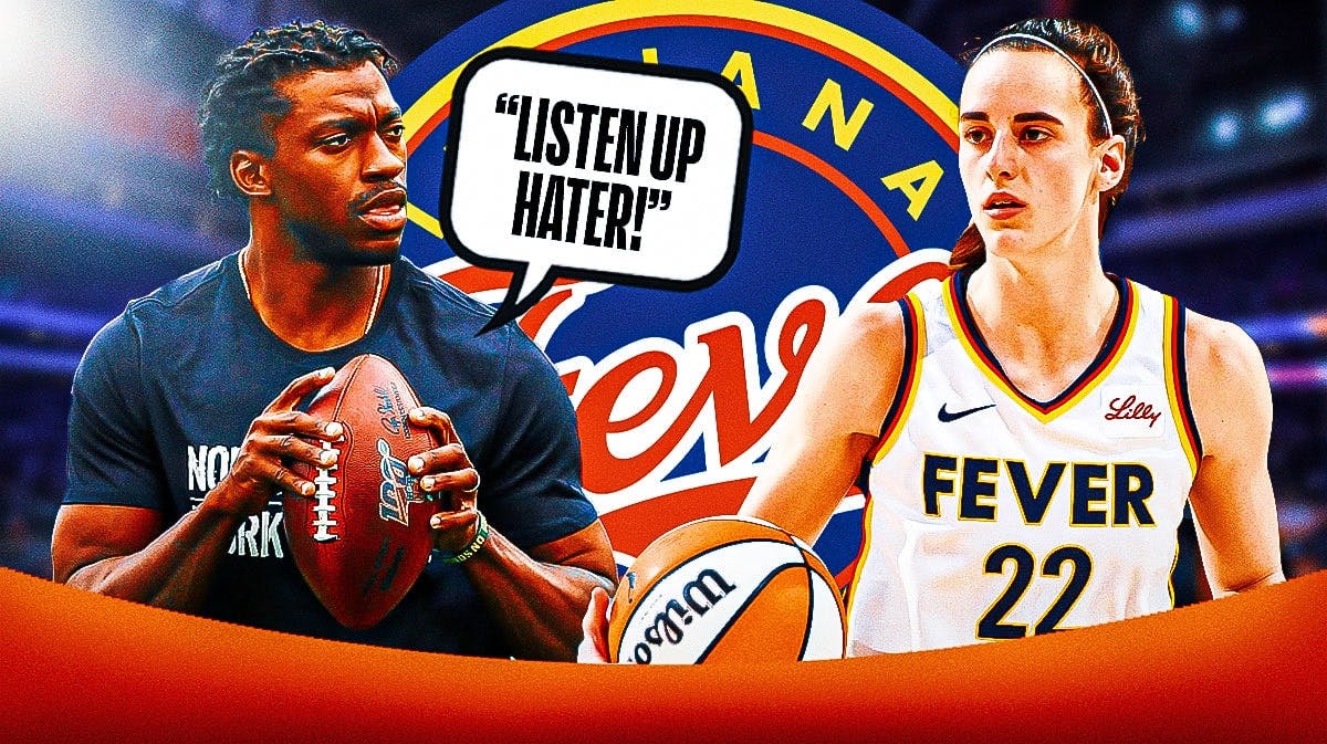 Indiana Fever guard Caitlin Clark with former NFL QB Robert Griffin III. Griffin III has a speech bubble that says “Listen up hater!” There is also a logo for the Indiana Fever.