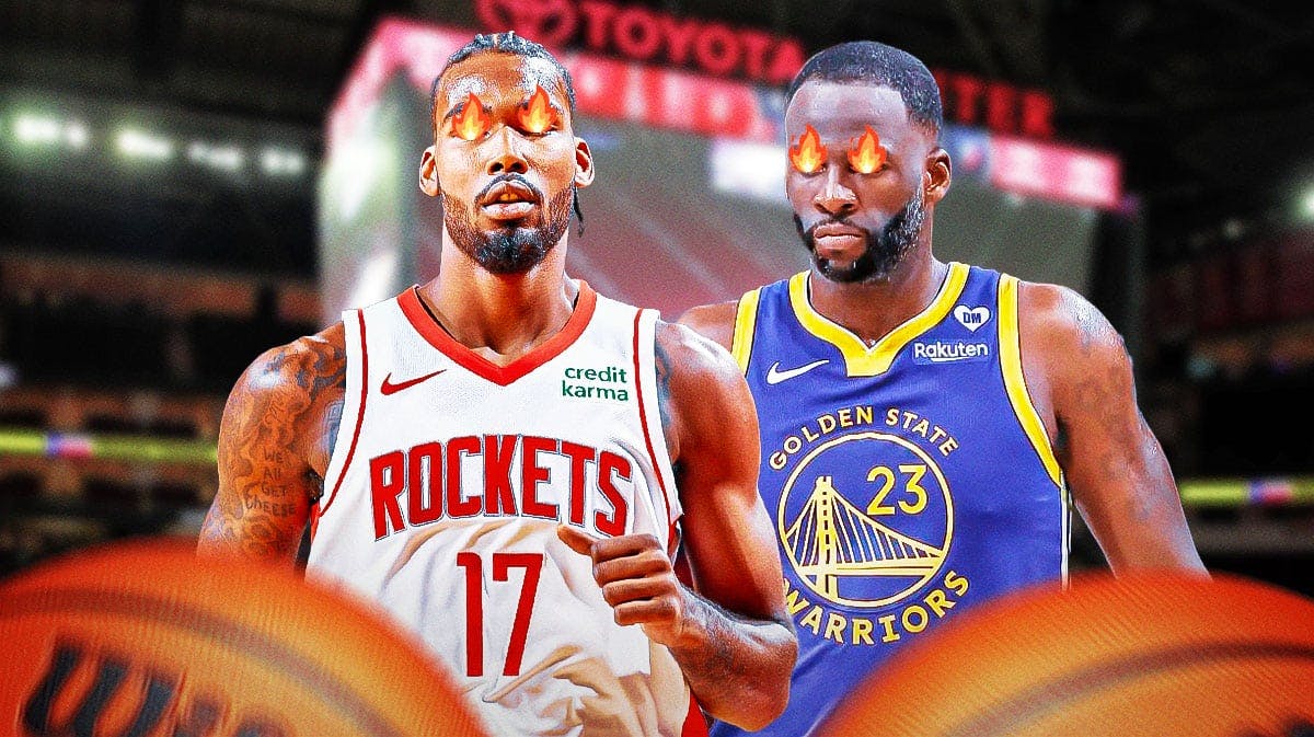 Rockets' Tari Eason and Warriors' Draymond Green with fire in their eyes.