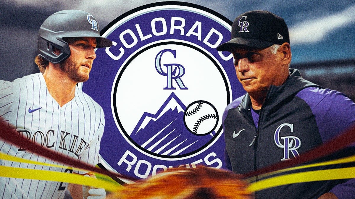 Ryan McMahon and Bud Black next to a Rockies logo