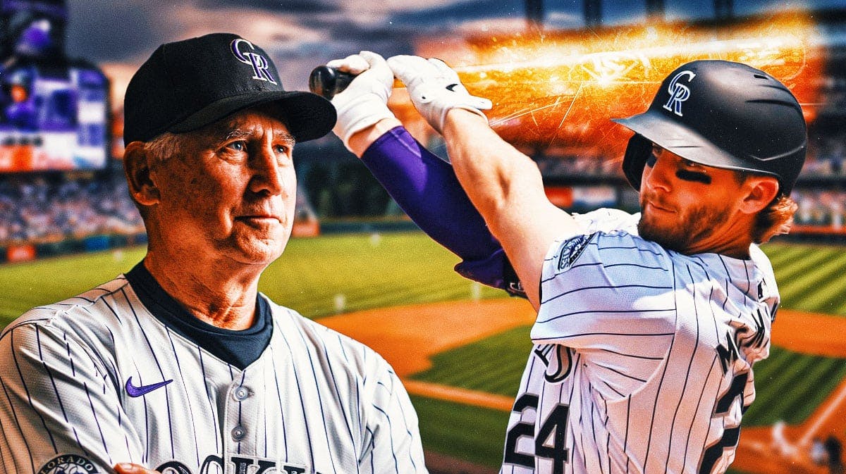 Rockies Ryan McMahon swinging a bat made of fire as Bud Black watches on