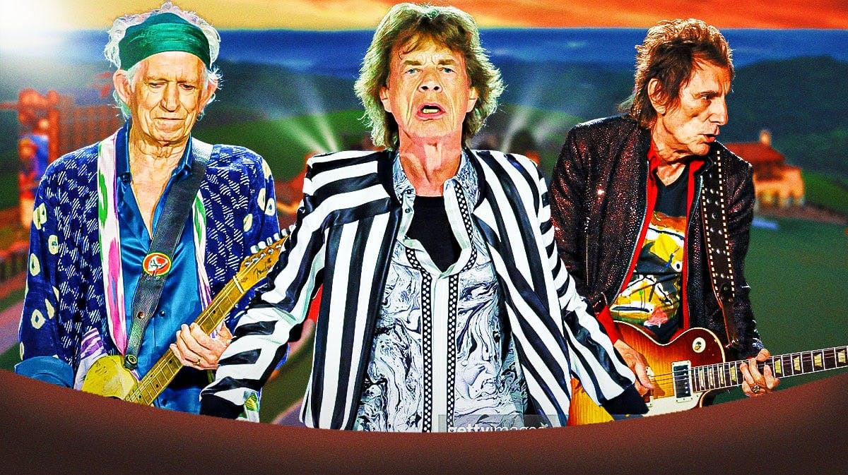 Rolling Stones members Keith Richards, Mick Jagger, and Ronnie Wood, who just concluded their 2024 Hackney Diamonds tour with a show at the Thunder Ridge Nature Arena (seen in background).