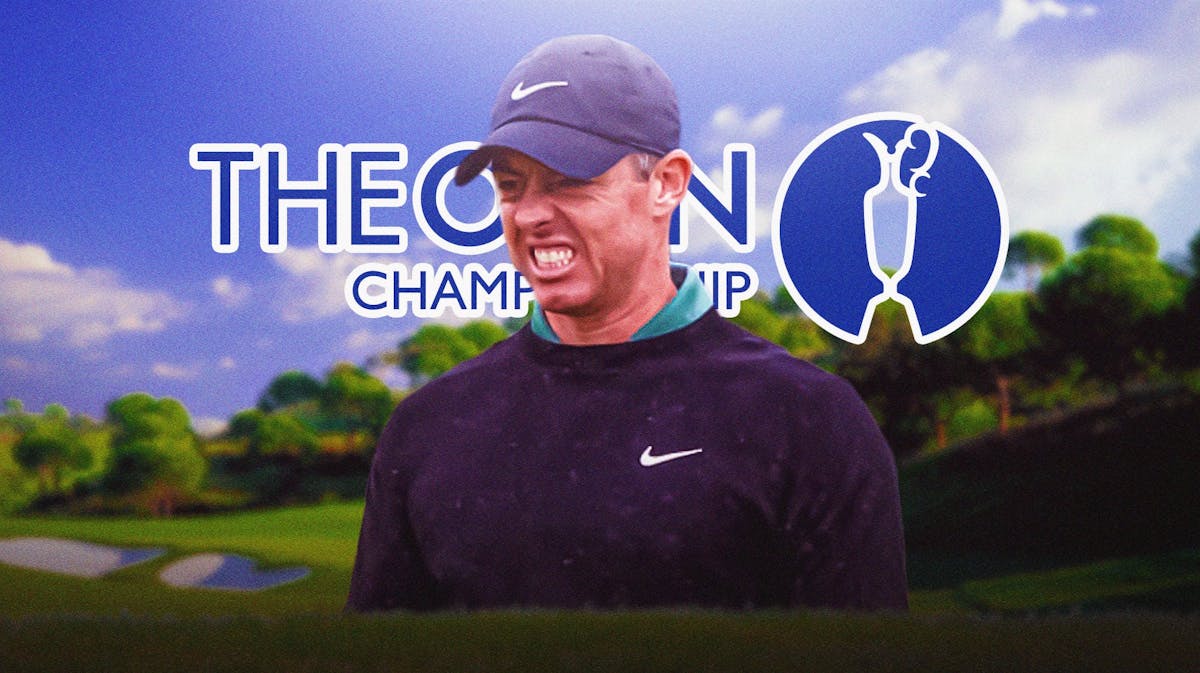 Rory McIlroy grimacing in pain. Open Championship logo in the background.