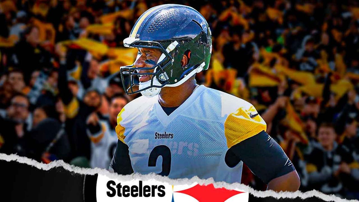Ex-Broncos' Russell Wilson stands in Steelers uniform, Pittsburgh football's Max Browne in background
