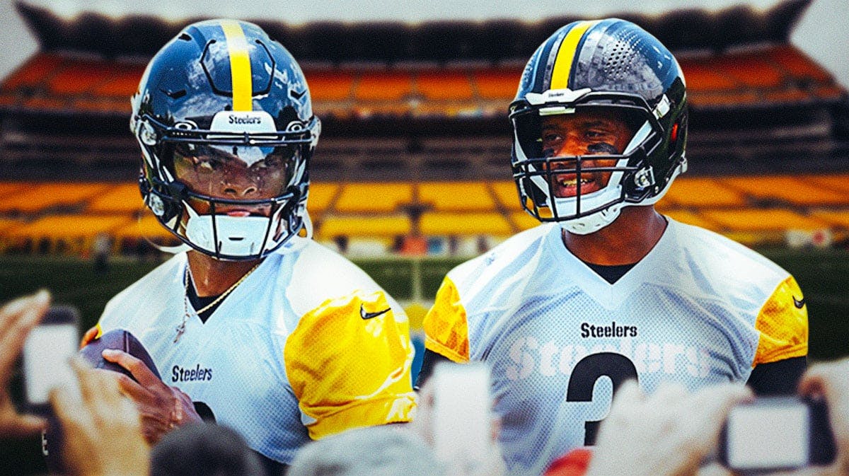 Pittsburgh Steelers stars Russell Wilson and Justin Fields in front of Acrisure Stadium.