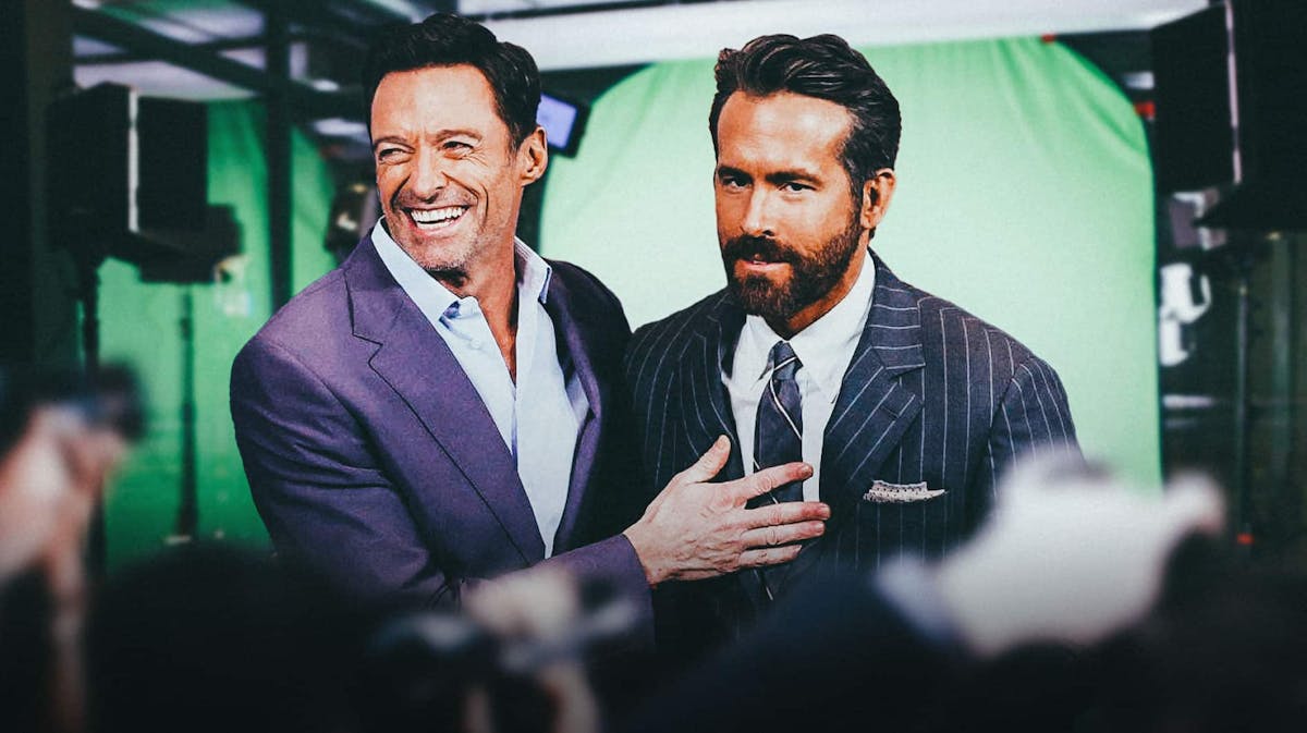 Deadpool 3 stars Hugh Jackman and Ryan Reynolds with movie set background.
