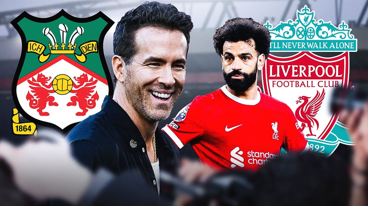 Ryan reynolds and Mohamed Salah in front of the Wrexham and Liverpool logos