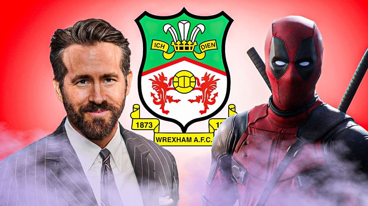 Ryan Reynolds and Deadpool in front of the Wrexham logo