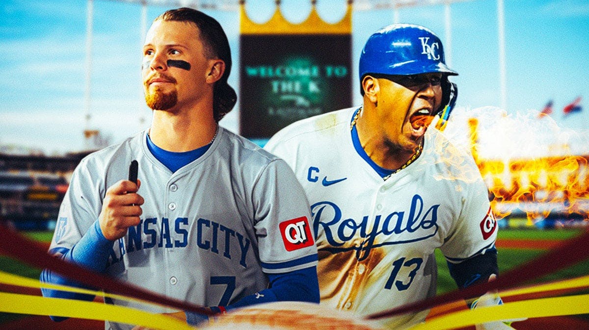 Royals Salvador Perez breathing fire in front. Royals Bobby Witt Jr looking serious.