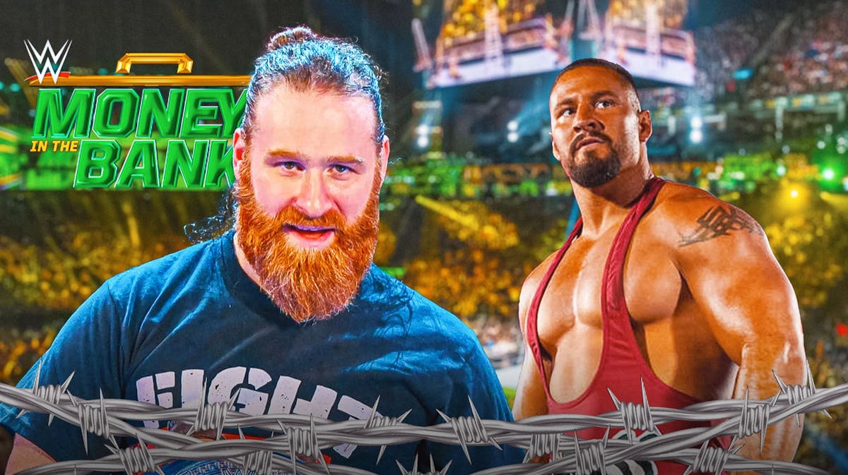 Sami Zayn and Bron Breakker in front of the 2024 Money in the Bank logo.
