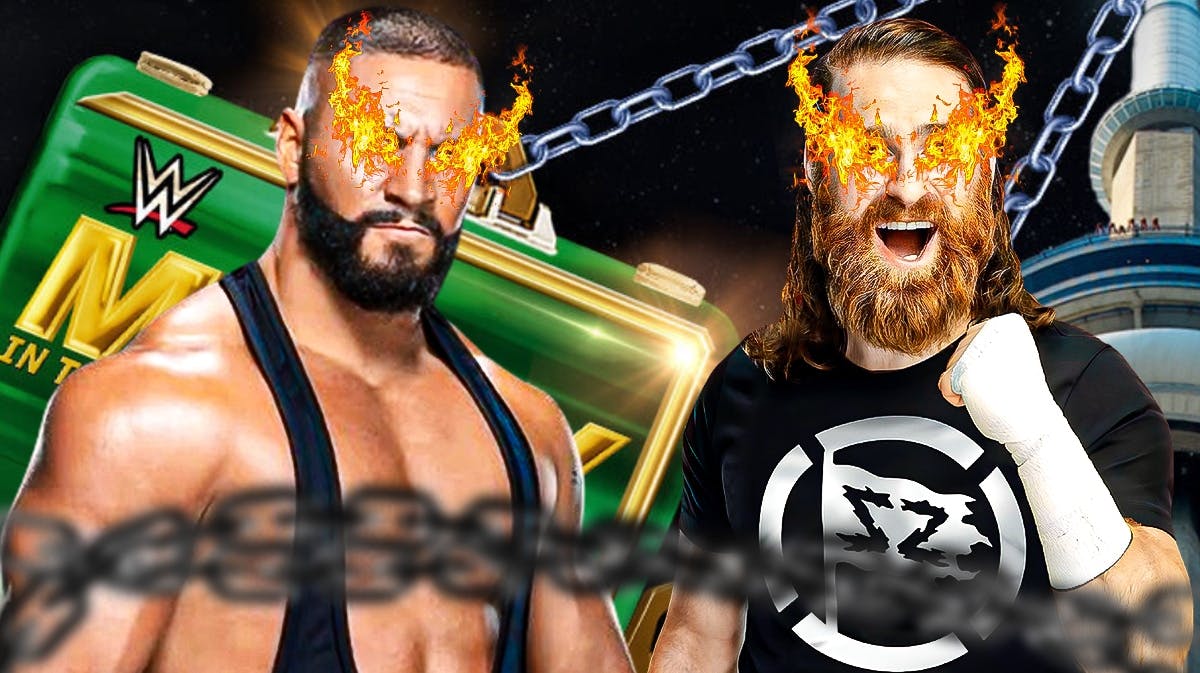 Bron Breakker with fire over his eyes on the left, Sami Zayn with fire over his eyes on the right with the 2024 Money in the Bank logo as the background.