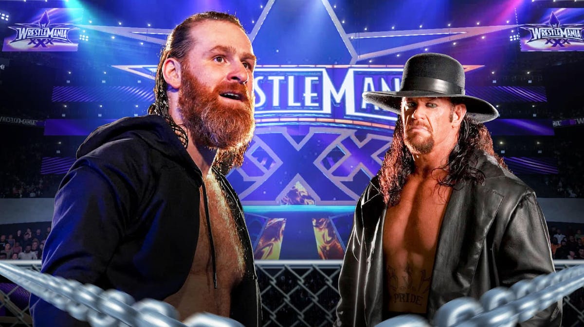 Sami Zayn next to The Undertaker with the WrestleMania XXX logo as the background.
