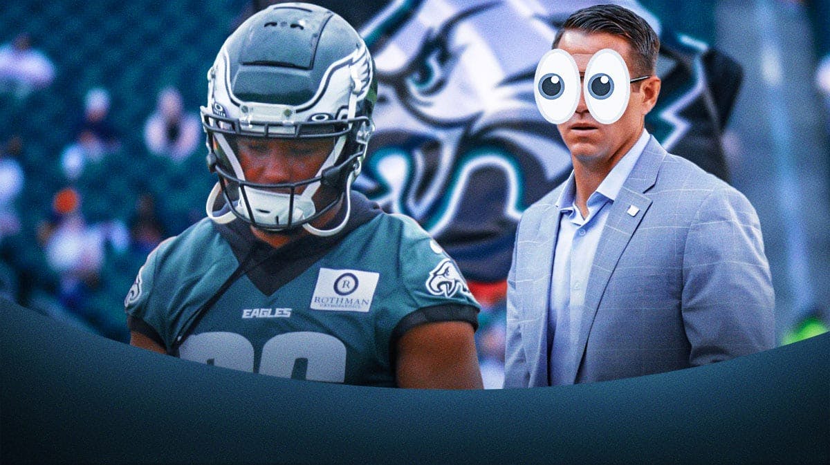 Saquon Barkley on one side in a Philadelphia Eagles uniform, Joe Schoen on the other side with the big eyes emoji over his face