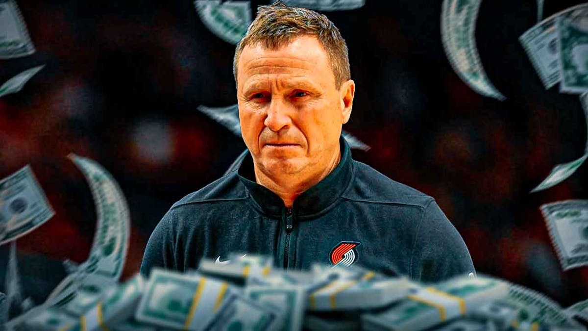 Scott Brooks surrounded by piles of cash.